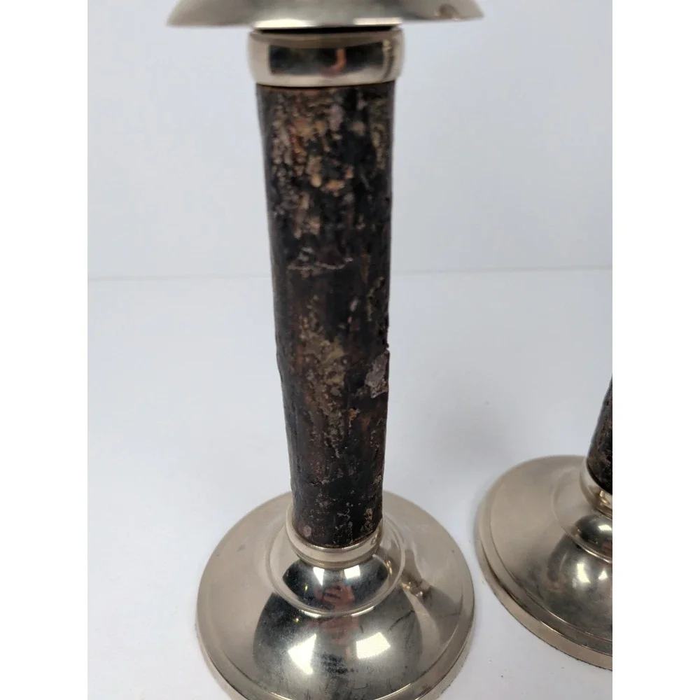 William Sonoma Walnut Bark / Silver Candle Sticks  8 1/4 in set of 2